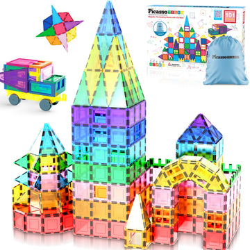 Picassotiles 101Pc Magnetic Tile Building Blocks With Car Base Drawstring Carry Toy Storage Bag Magnetized Block For Kids Magnet