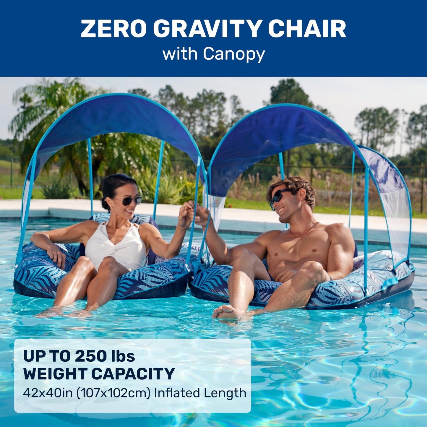 New Aqua Zero Gravity Pool Chair Float With Sunshade Canopy And Cup Holder - Blue Fern