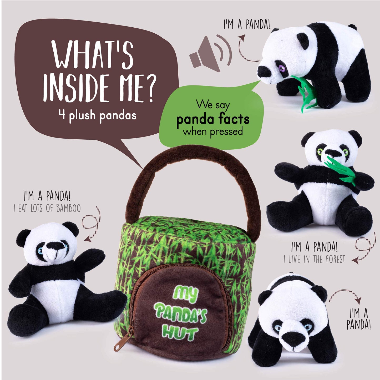 Plush Creations Talking Plush Panda Toy Set | 4 Soft Pandas & Hut Carrier | Green | Perfect Gift for Babies & Toddlers
