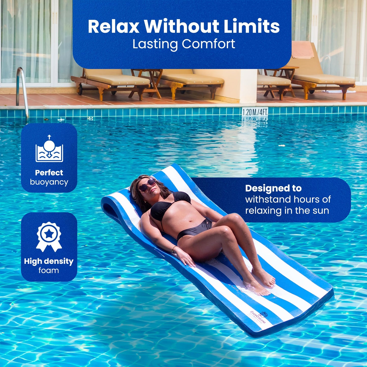 Cococabana 74 Inch Foam Float For Pools & Lakes Vinyl Foam Pool Floats (Pacific Blue Stripe, 2In Thick)