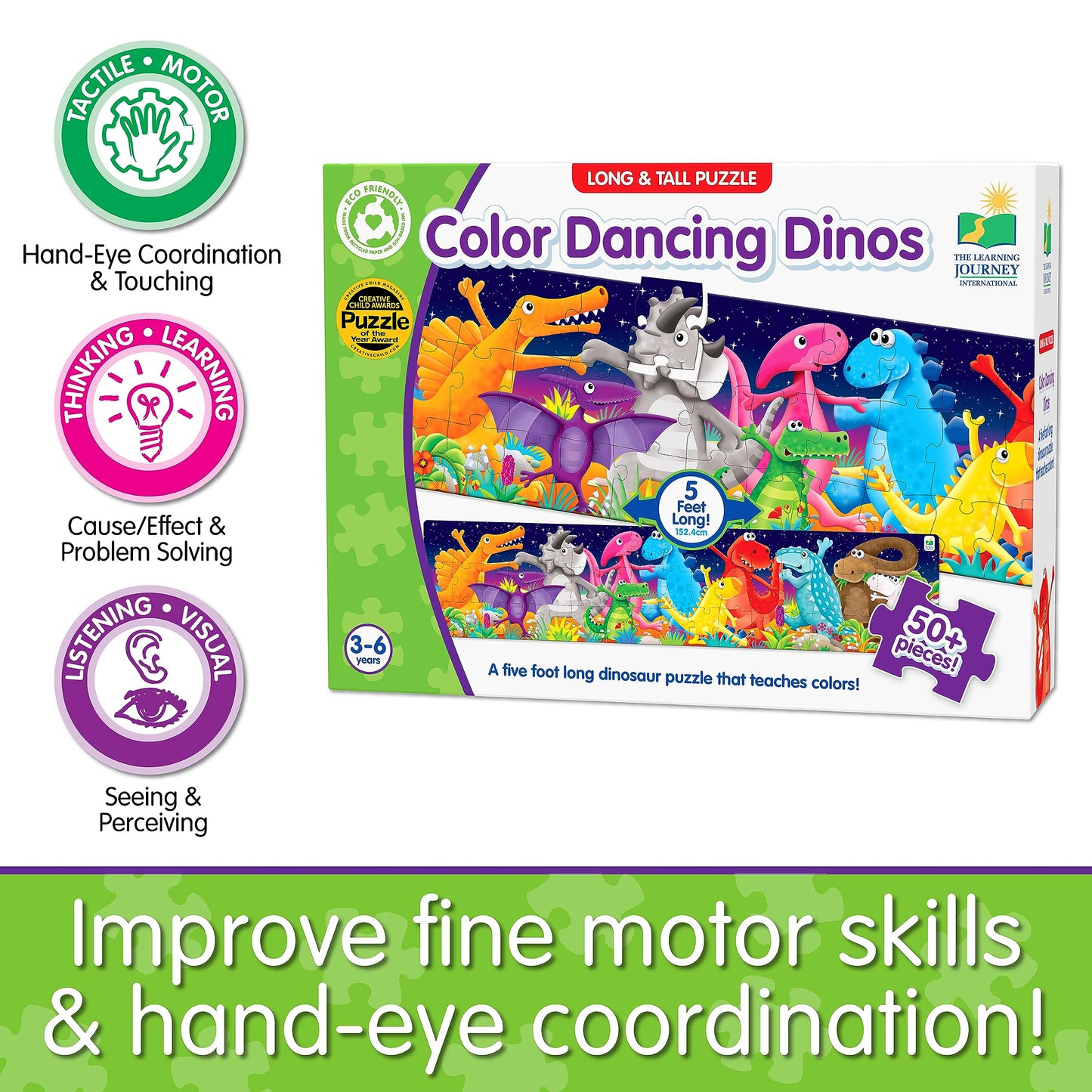 The Learning Journey Long & Tall Puzzle - Color Dancing Dinosaurs - 51 Piece, 5-Foot-Long Preschool Puzzle - Educational Gifts For Boys & Girls Ages 3 & Up, Multi (423929)