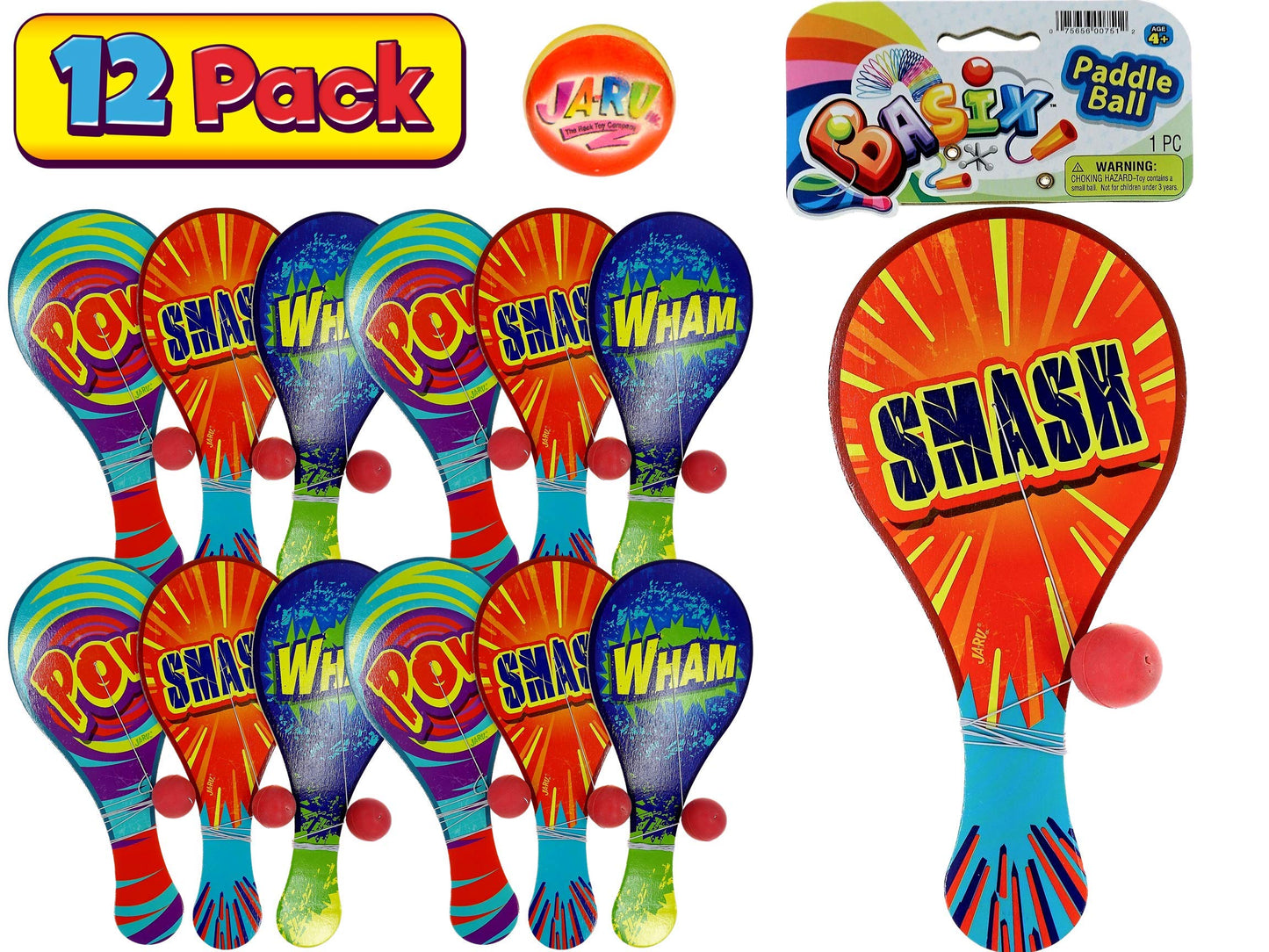 JaRu 23382 Ja-Ru Rainbow Paddle Ball (Assorted Color Pack of 12)