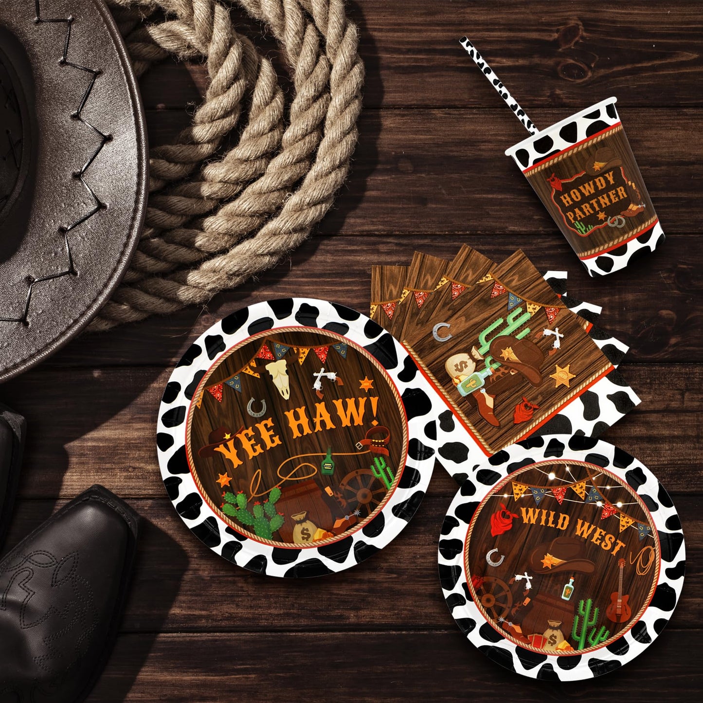 Western Birthday Party Supplies Decorations, Cowboy Wild West Theme Birthday Paper Plates And Napkins Set With Cups And Straws F