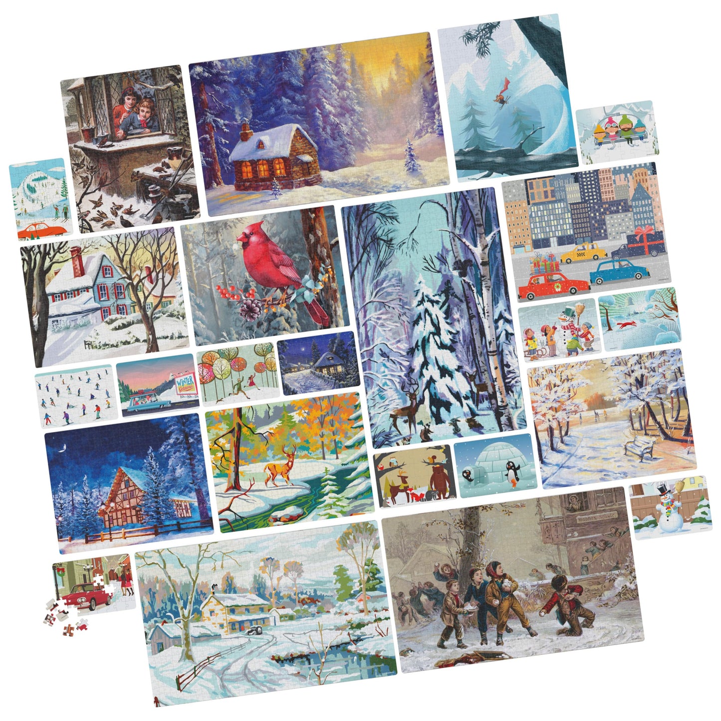 24 Jigsaw Puzzle Bundle, Holiday Winter Snow Illustration Landscape, 1000, 500, 300, 100, 48, 24 Pieces, for Kids and Adults Age