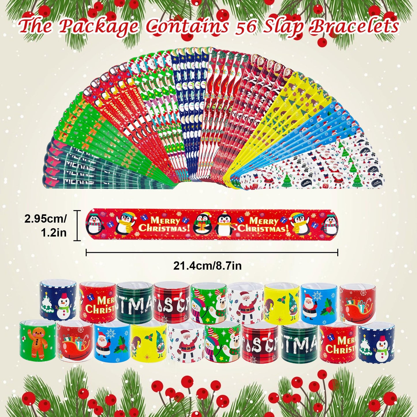 Junebrushs 56 Pack Christmas Slap Bracelets For Kids Xmas Slap Bands Wristband Christmas Party Favors Snap Bracelets Bulk For Bo