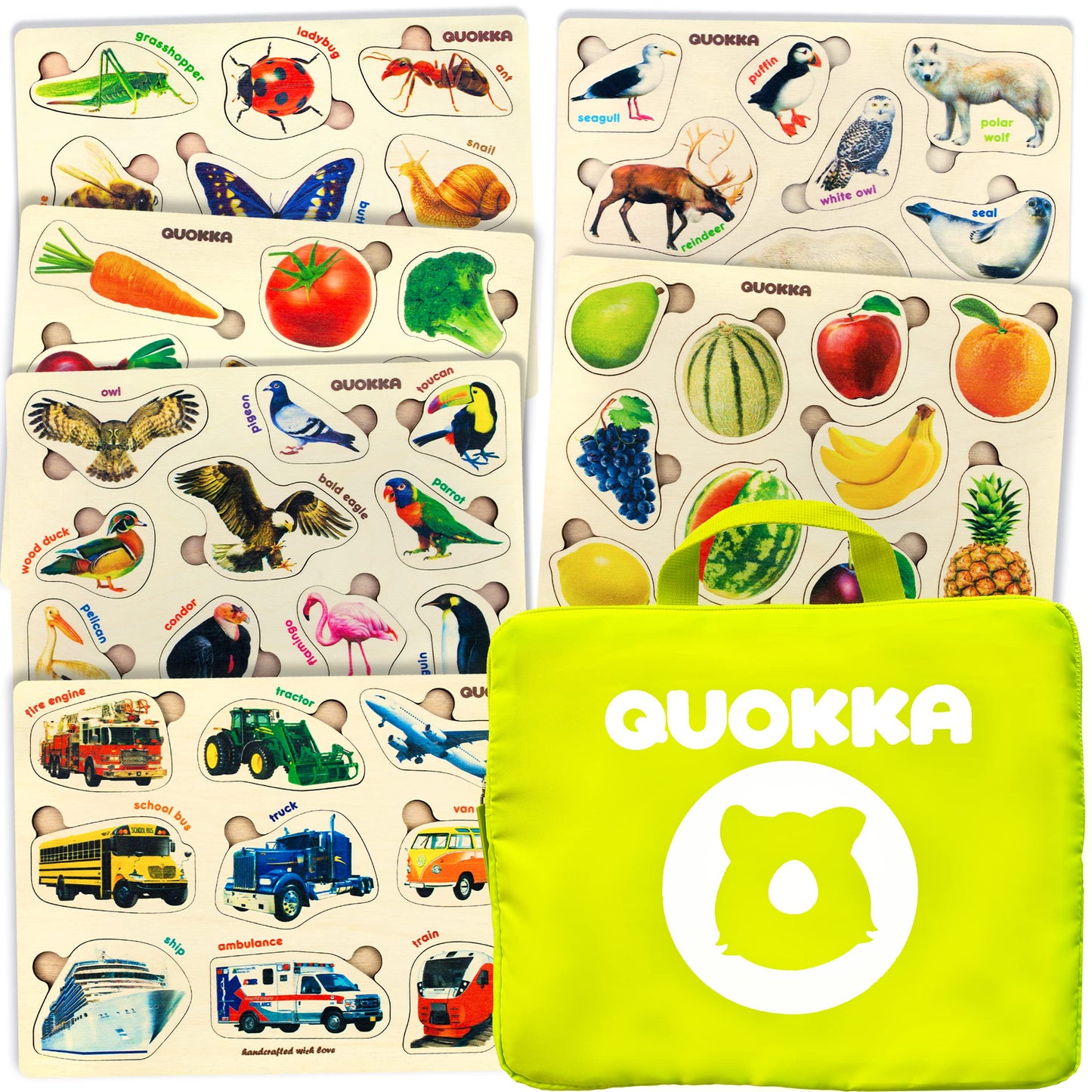 Quokka Toddler Puzzles Ages 2-4 In A Bag – 6 Montessori Wooden Puzzles For Toddlers 3-5 Year Old – Preschool Wood Game For Boys And Girls 4-6 – Gift For Learning Realistic Animals Fruits Vehicles