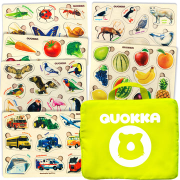 Quokka Toddler Puzzles Ages 2-4 In A Bag – 6 Montessori Wooden Puzzles For Toddlers 3-5 Year Old – Preschool Wood Game For Boys And Girls 4-6 – Gift For Learning Realistic Animals Fruits Vehicles