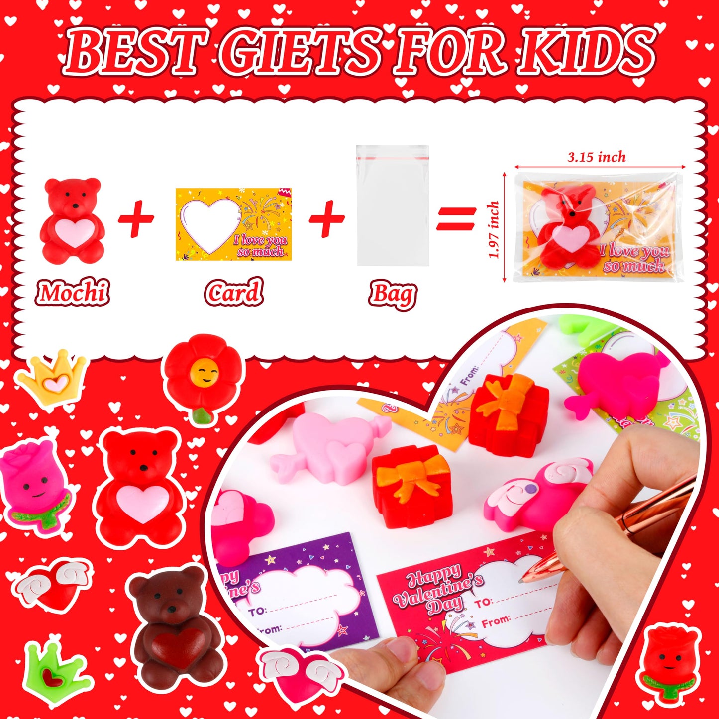 Octeric 28 Packs Valentines Day Gards With Mochi Squishy Toy, Kawaii Stress Relief Squeeze For Kids, Exchange Gifts Classroom Pr
