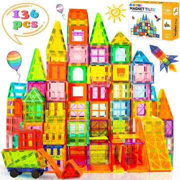 Stlloys Magnetic Tiles, 136 PCS Magnetic Building Blocks with 2 Cars, Magnet Tiles Construction Building Toys, STEM Sensory Toys