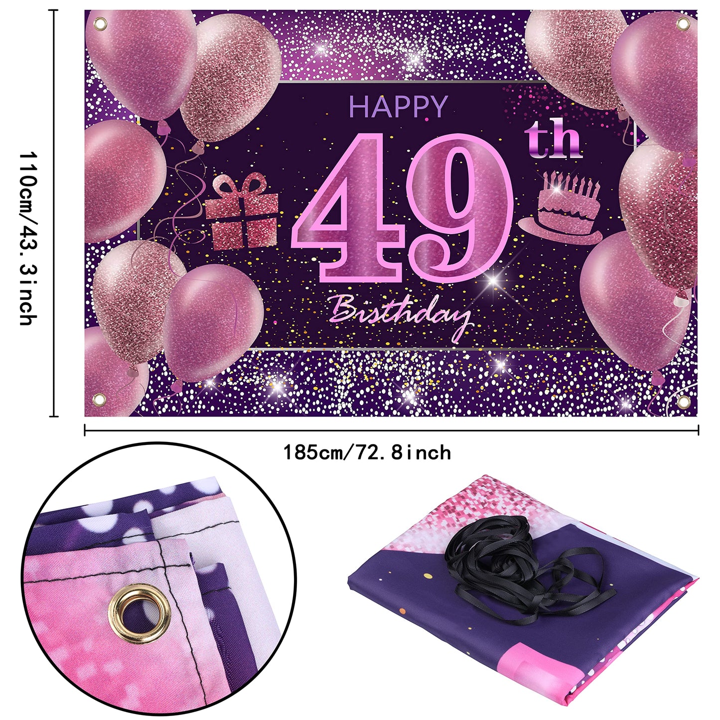 IMISI 49th Birthday Decorations - Pink Happy Birthday Banner & Backdrop, Polyester for Women's Party