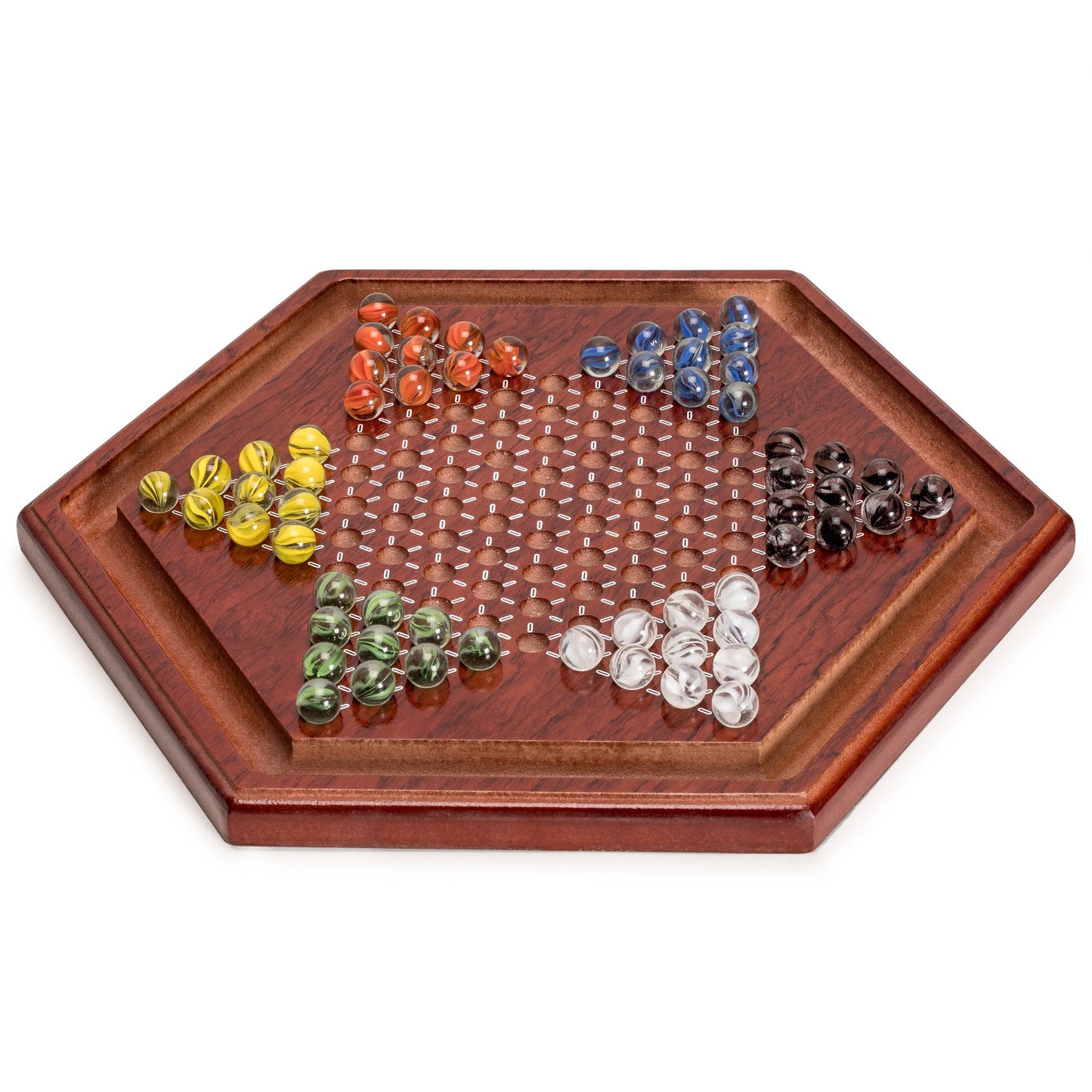 Yellow Mountain Imports Wooden Chinese Checkers Halma Board Game Set - 13.6-Inch - with 60 Colored Petal-Style Glass Marbles (16