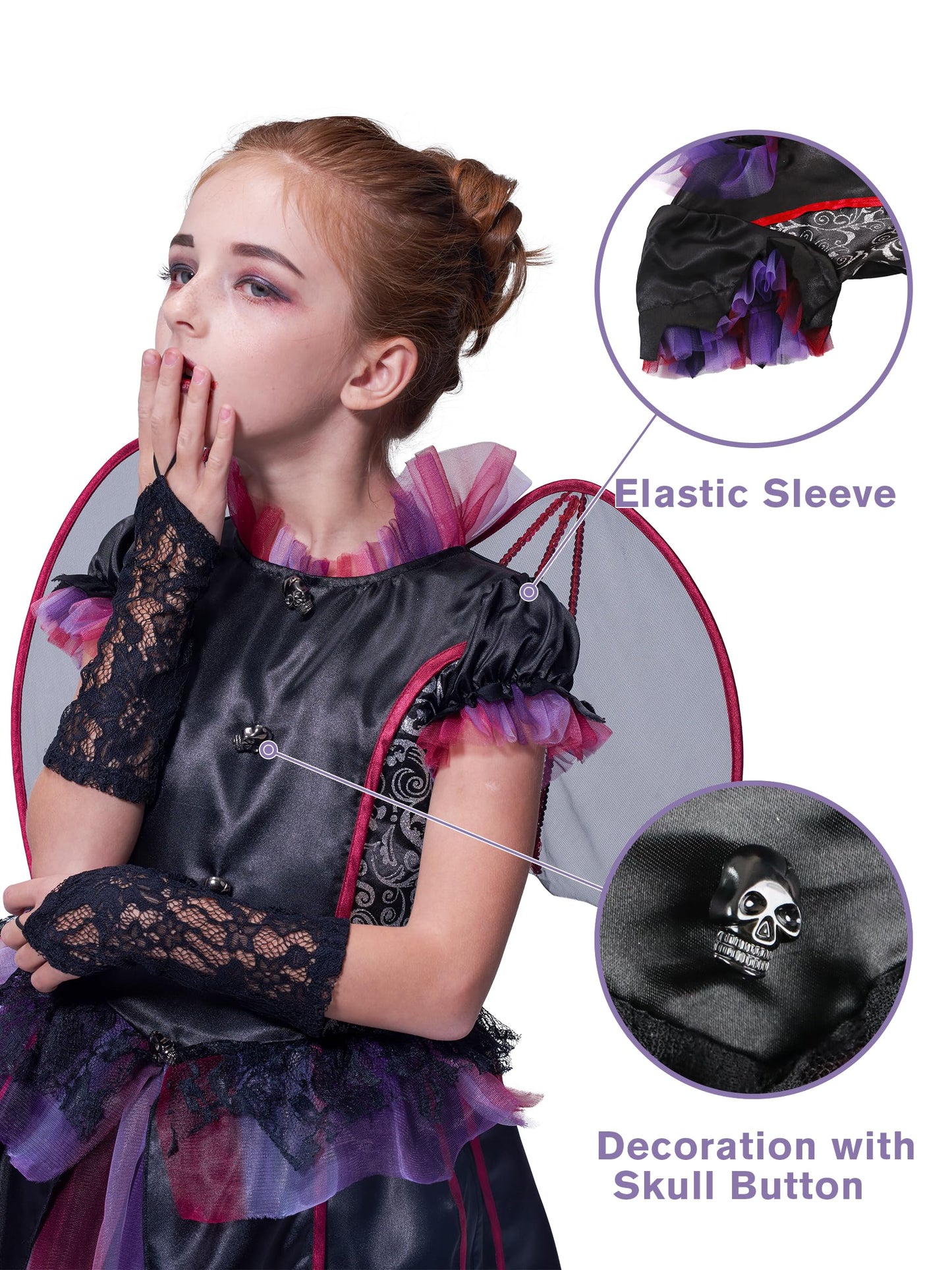 IKALI Halloween Vampire Bat Costume for Girls with Wings,Kids Gothic Darkness Fancy Dress Outfit