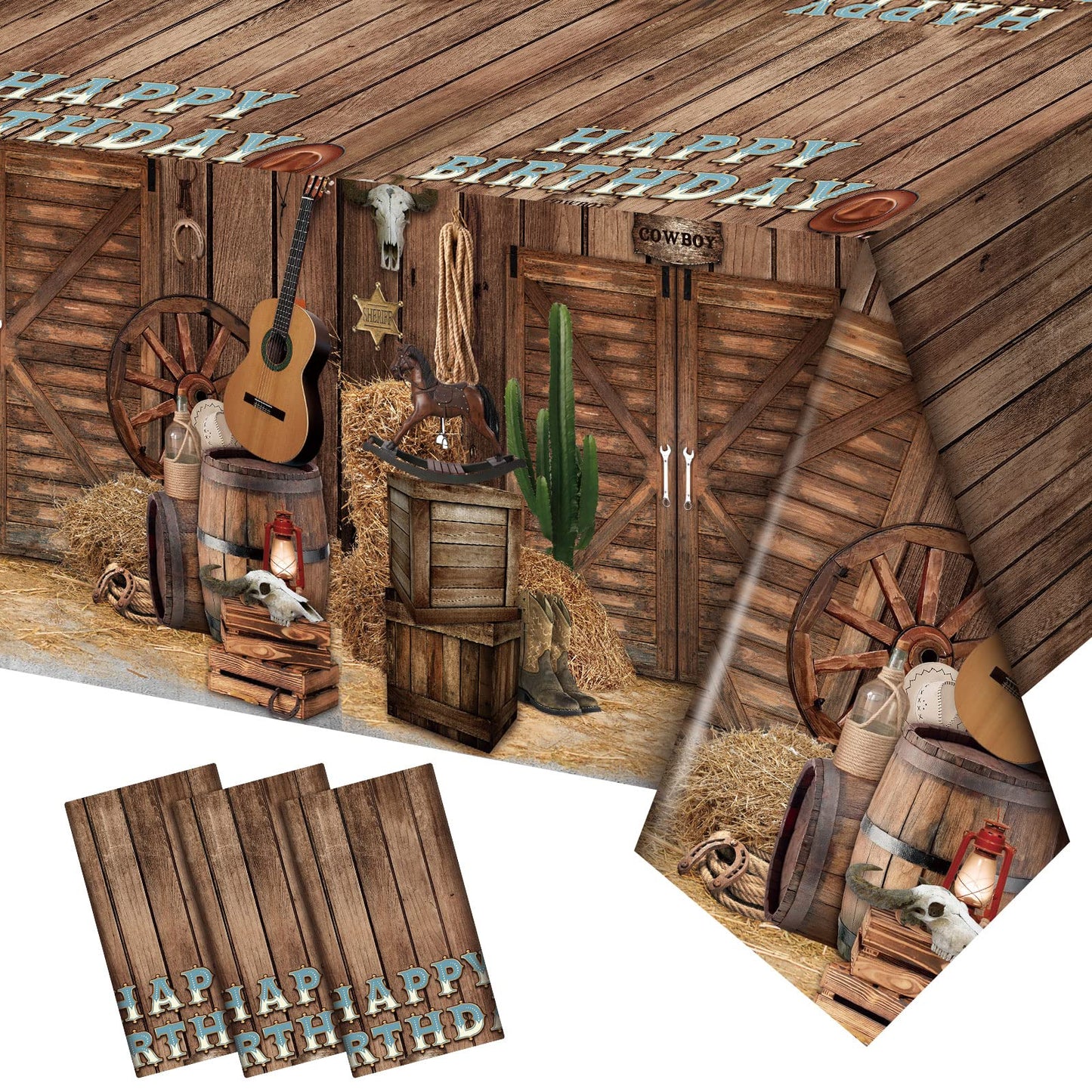 BBTO 3 Pieces Western Tablecloths Cowboy Party Decorations Birthday Table Cover Wild West Happy Birthday Tablecloth Plastic West