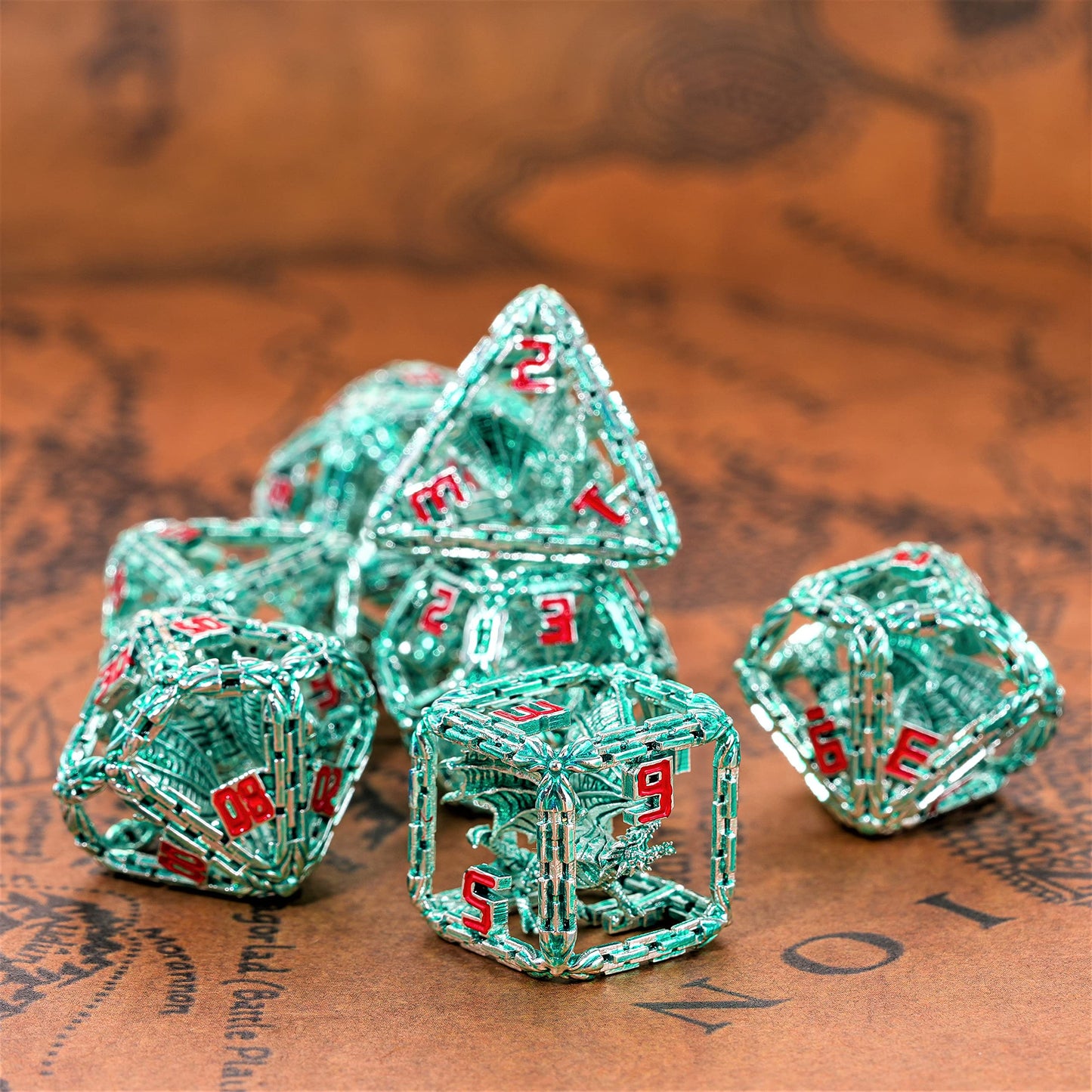 Metal Dice Set for DND and RPG - Imprisoned Dragon Core Design - Beautiful Stunning & Intricate Polyhedral Dice Set for D&D Dung