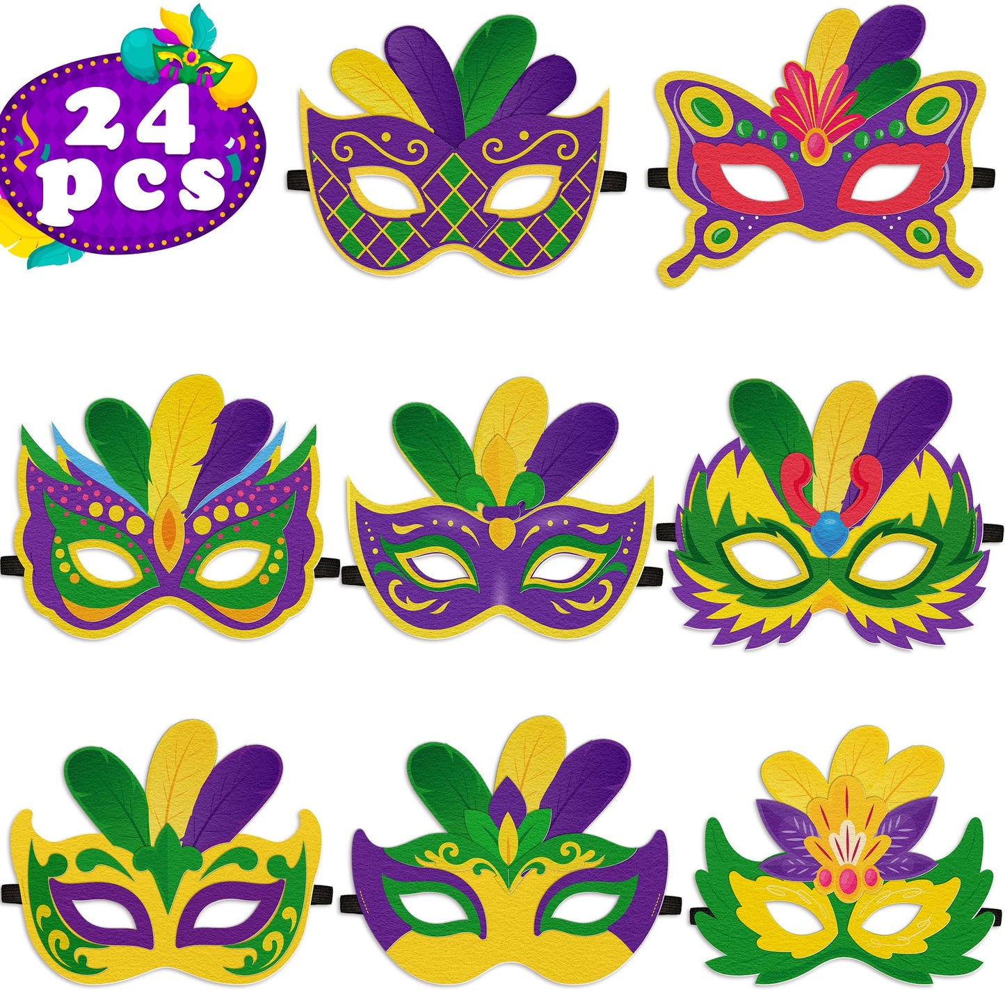 24PCS Mardi Gras Crafts in Bulk - Felt Face Masks DIY Arts Kit, Party Favors Activities Supplies