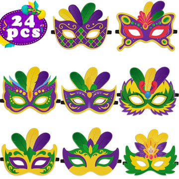 24PCS Mardi Gras Crafts in Bulk - Felt Face Masks DIY Arts Kit, Party Favors Activities Supplies