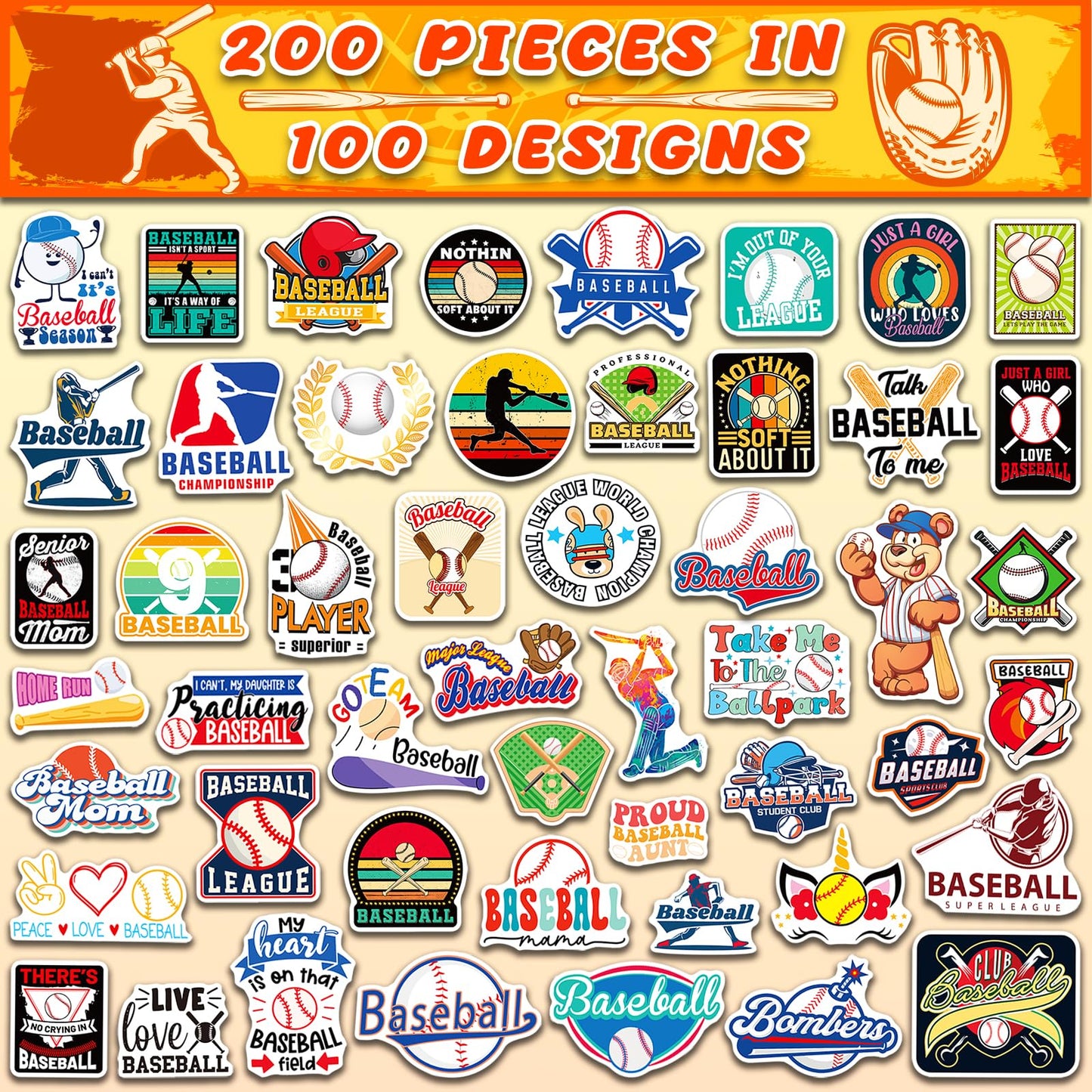 Wakemoodei Baseball Stickers 200 Pcs Baseball Sports Stickers For Water Bottles, Baseball Helmet Stickers Vinyl Waterproof Baseb