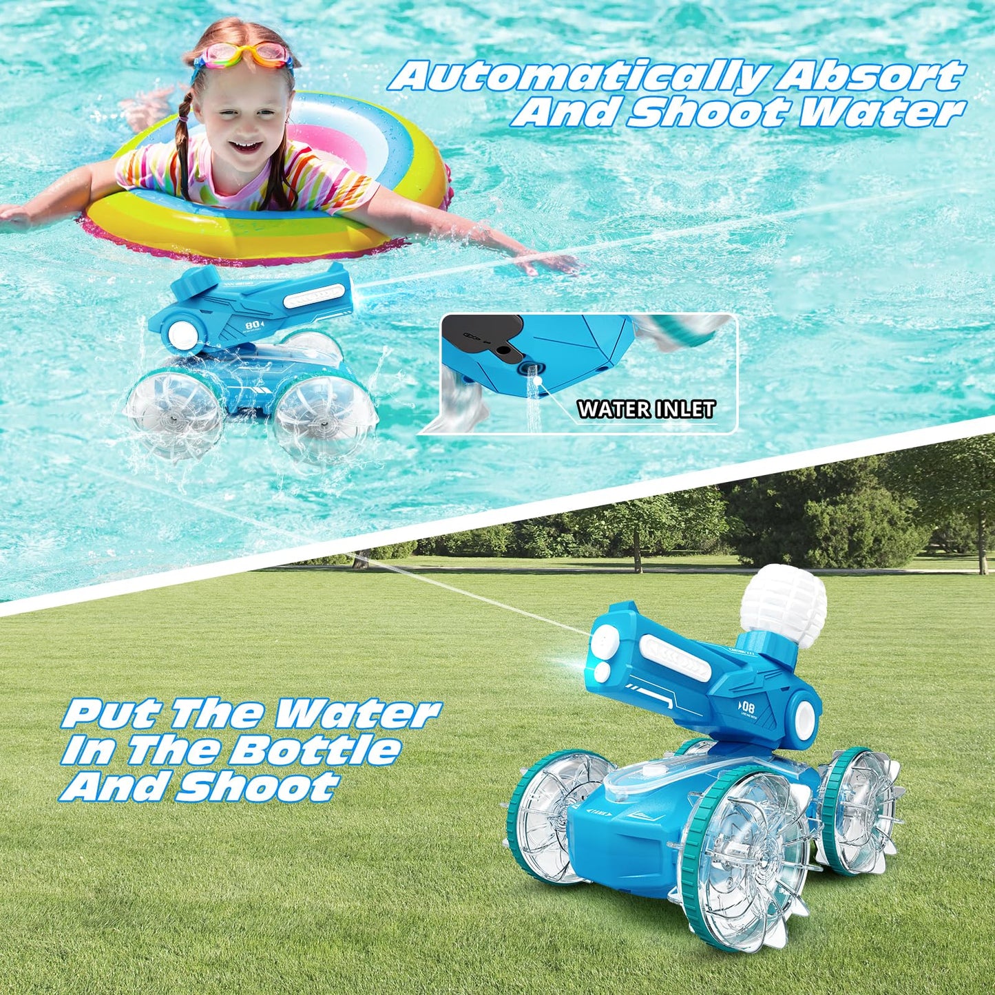 Tecnock Amphibious Remote Control Car Boat for Kids, 2.4GHz 4WD Water Squirt RC Stunt Car with LED Lights, 45-Minute Playtime, P