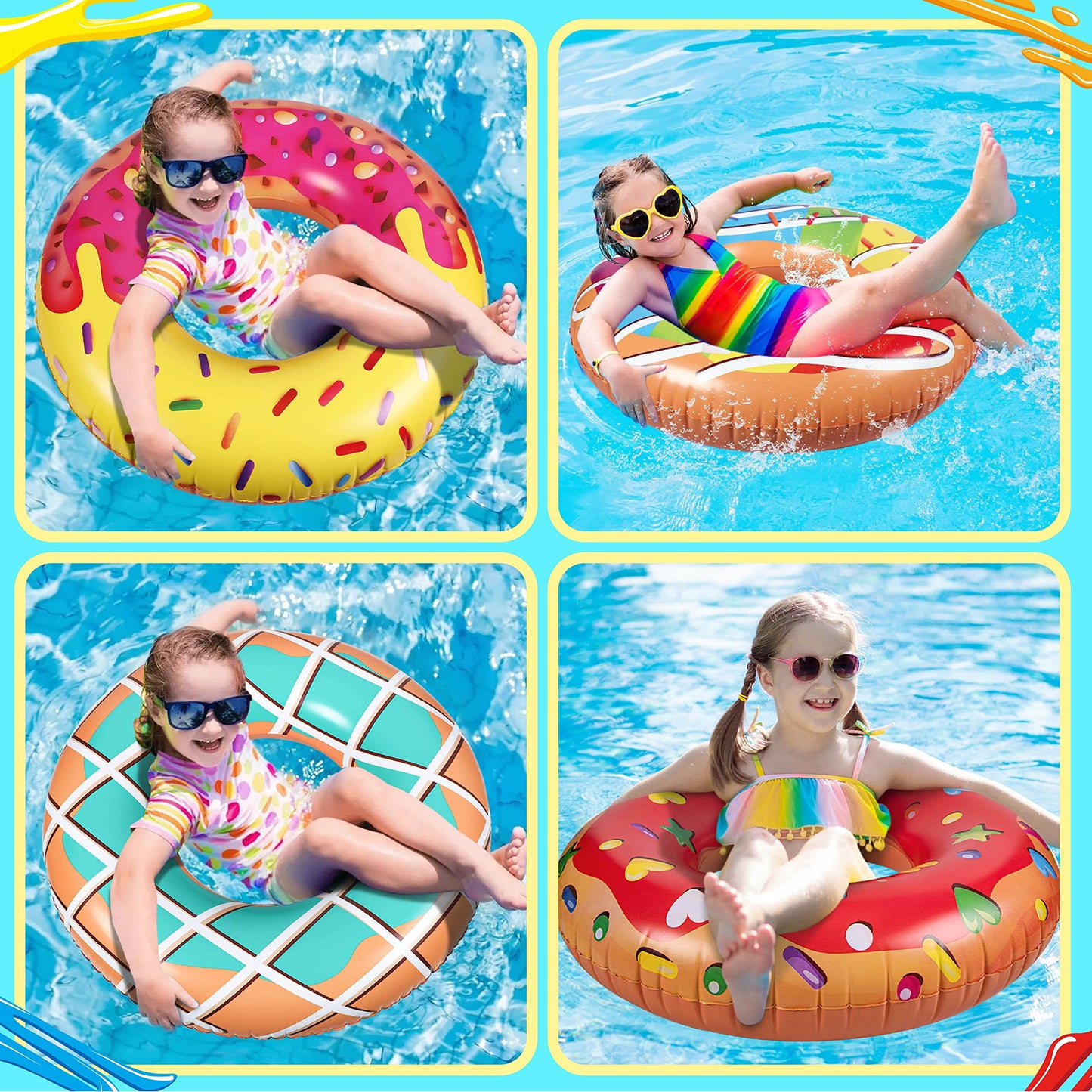90Shine 7Pcs Donut Pool Floats: Doughnut Swimming Rings With 13.5' Beach Balls - Inflatable Tubes Floaties Toys For Kids Adults