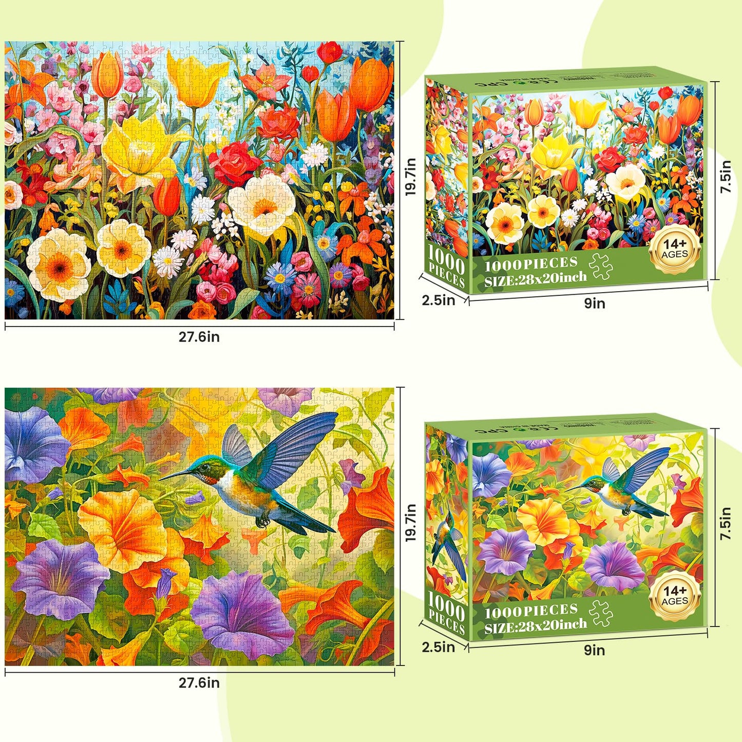 2 Pack Puzzles for mature-themeds 1000 Pieces - 1000 Piece Hard Puzzles for mature-themeds - Thick and Durable Hummingbirds and Flowers Jigsaw Puzzles for Family Fun Birthday Party Favors