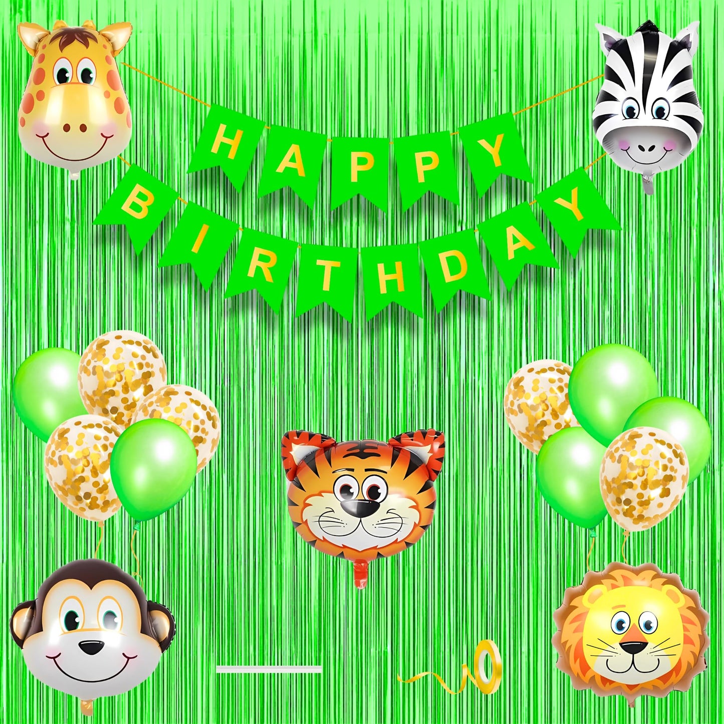 Jungle Theme Birthday Banner Decoration Kit 17 Pcs For Baby Girls Kids Wild Animal Safari Green Confetti Metallic Balloons Foil 
