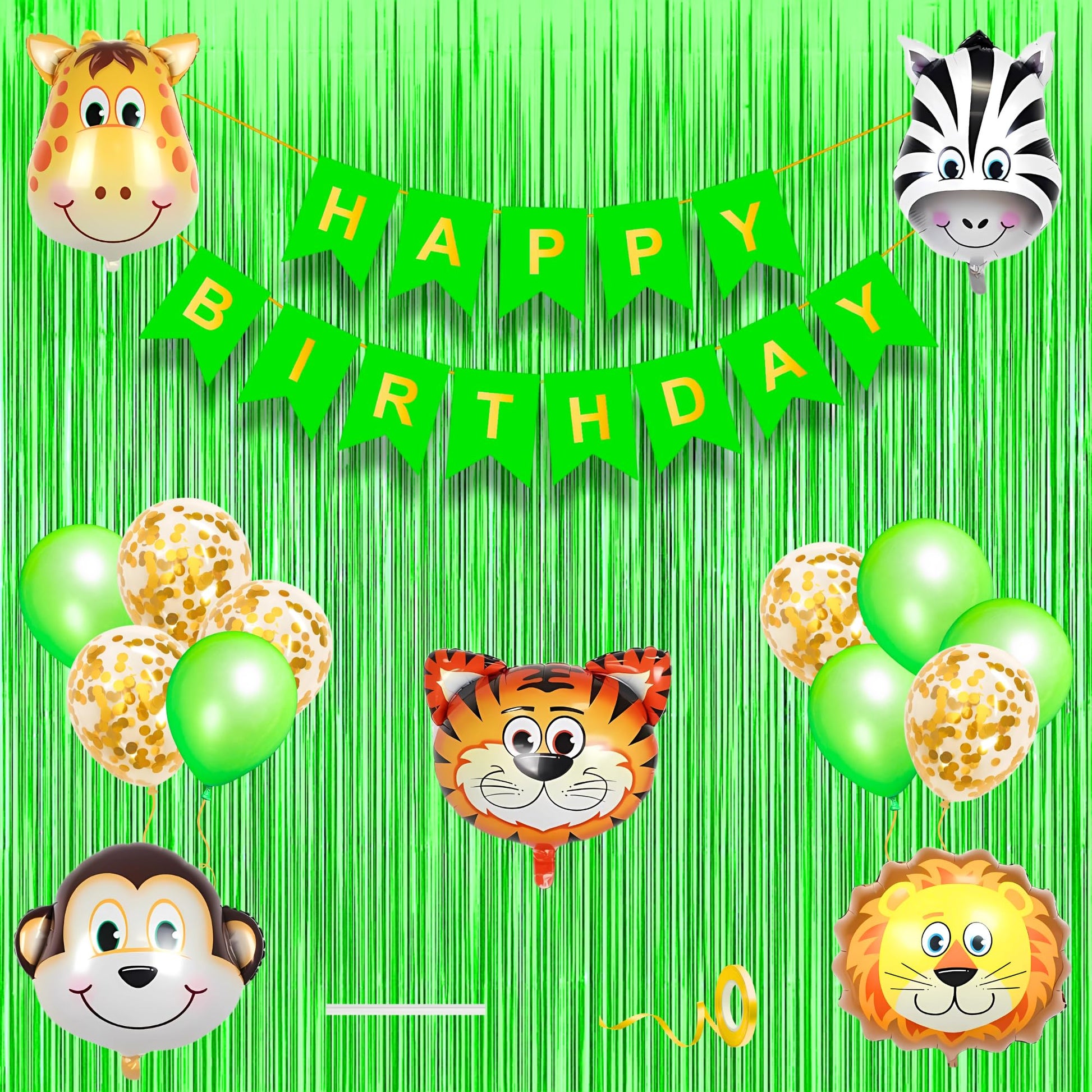 Jungle Theme Birthday Banner Decoration Kit 17 Pcs For Baby Girls Kids Wild Animal Safari Green Confetti Metallic Balloons Foil 