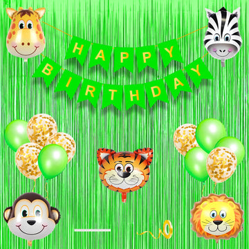 Jungle Theme Birthday Banner Decoration Kit 17 Pcs For Baby Girls Kids Wild Animal Safari Green Confetti Metallic Balloons Foil 