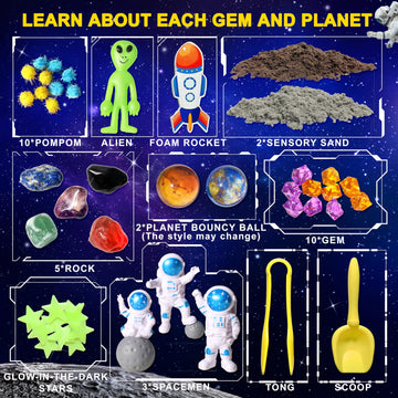 Carolart Galaxy Sensory Bin, Gemstone Dig Kit,Galaxy Excavation Gem Kit With 5 Real Gemstones For Kids,Space Planet Toys Stem Sc