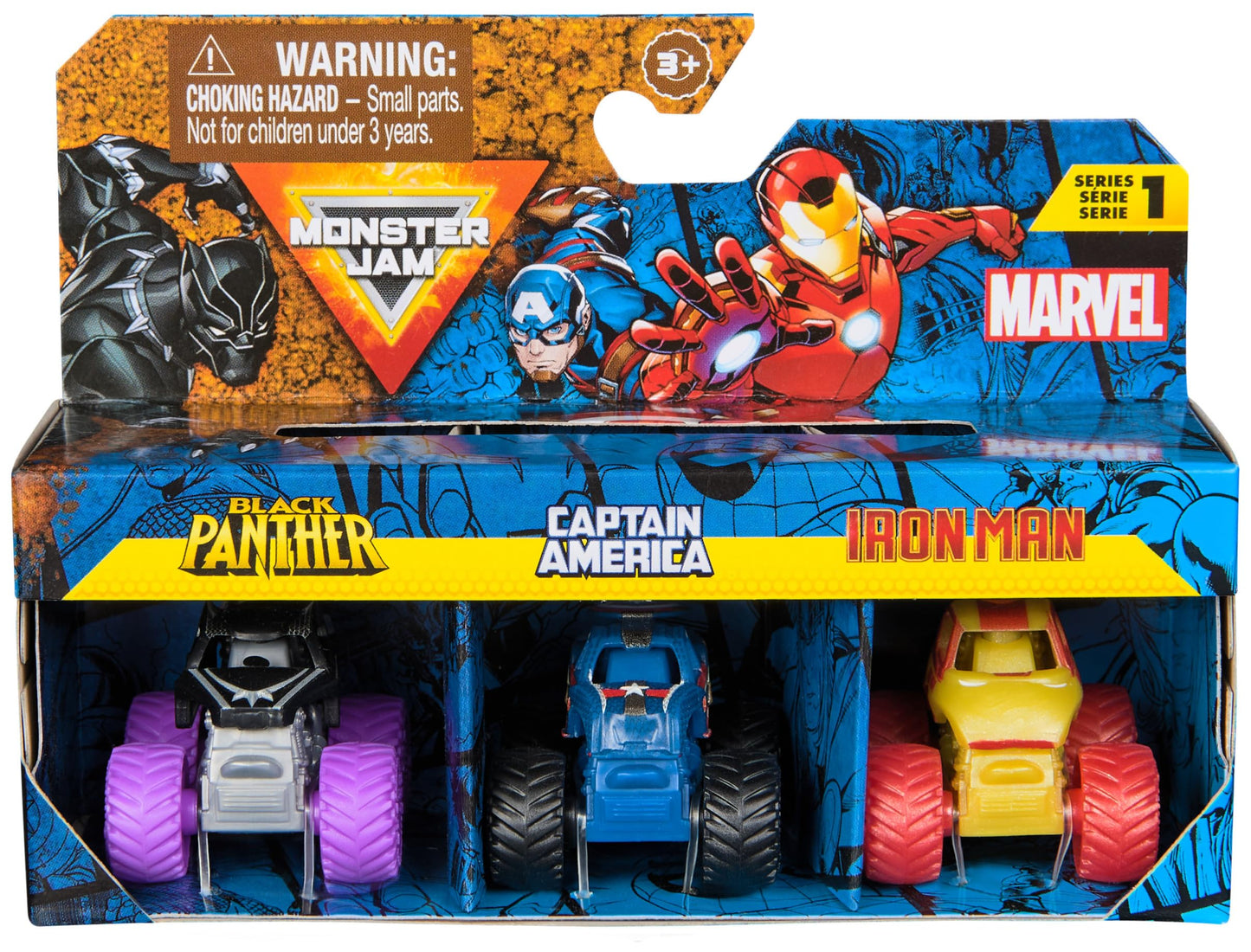 Monster Jam Marvel Mini Truck Set Of 3 With Black Panther, Captain America, Iron Man, Scale 1:87, Robust And With Cool Details,