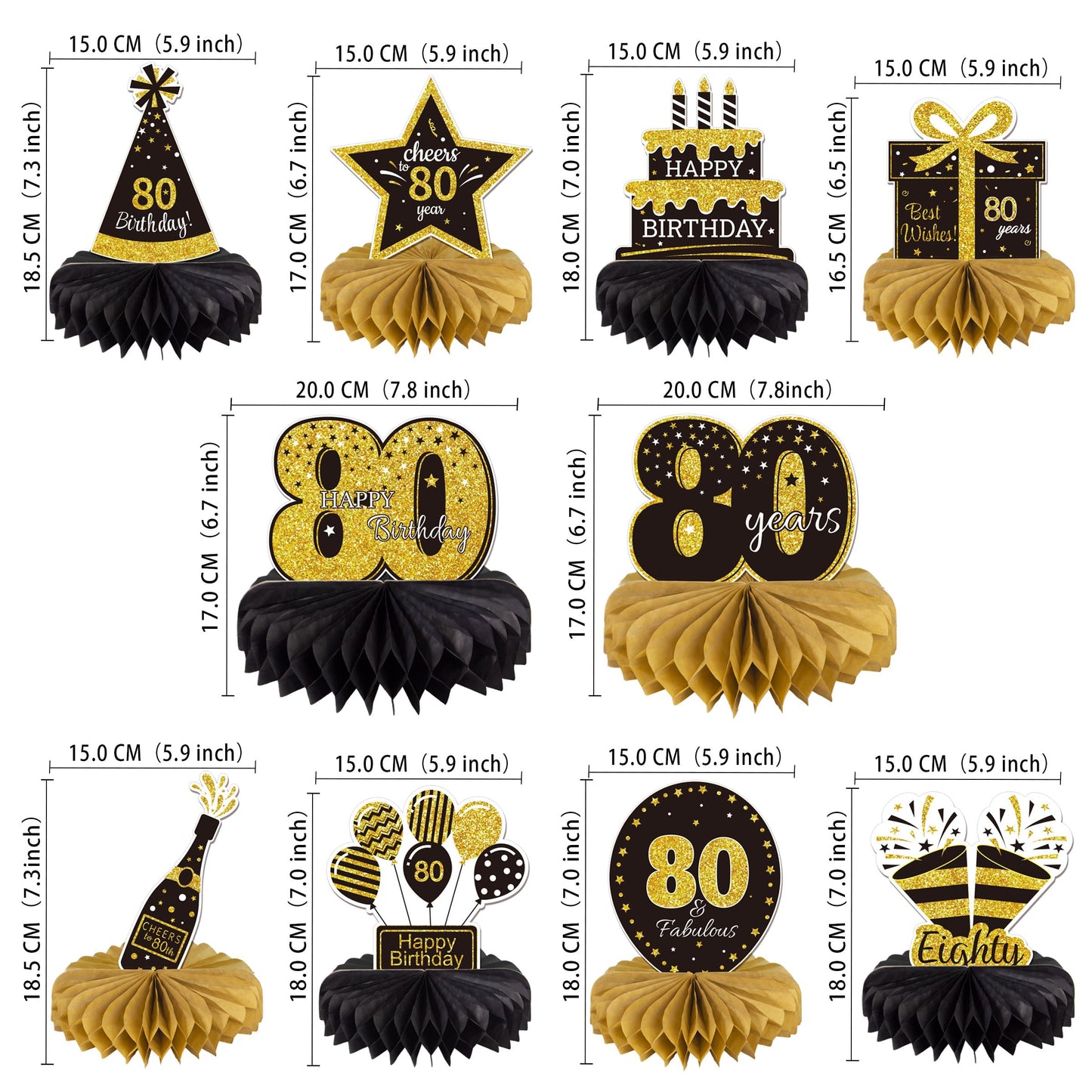 Gexolenu 10 Pcs 80Th Birthday Honeycomb Centerpieces Gold Black Cheers To 80 Years Birthday Centerpieces Tables Toppers For 80Th