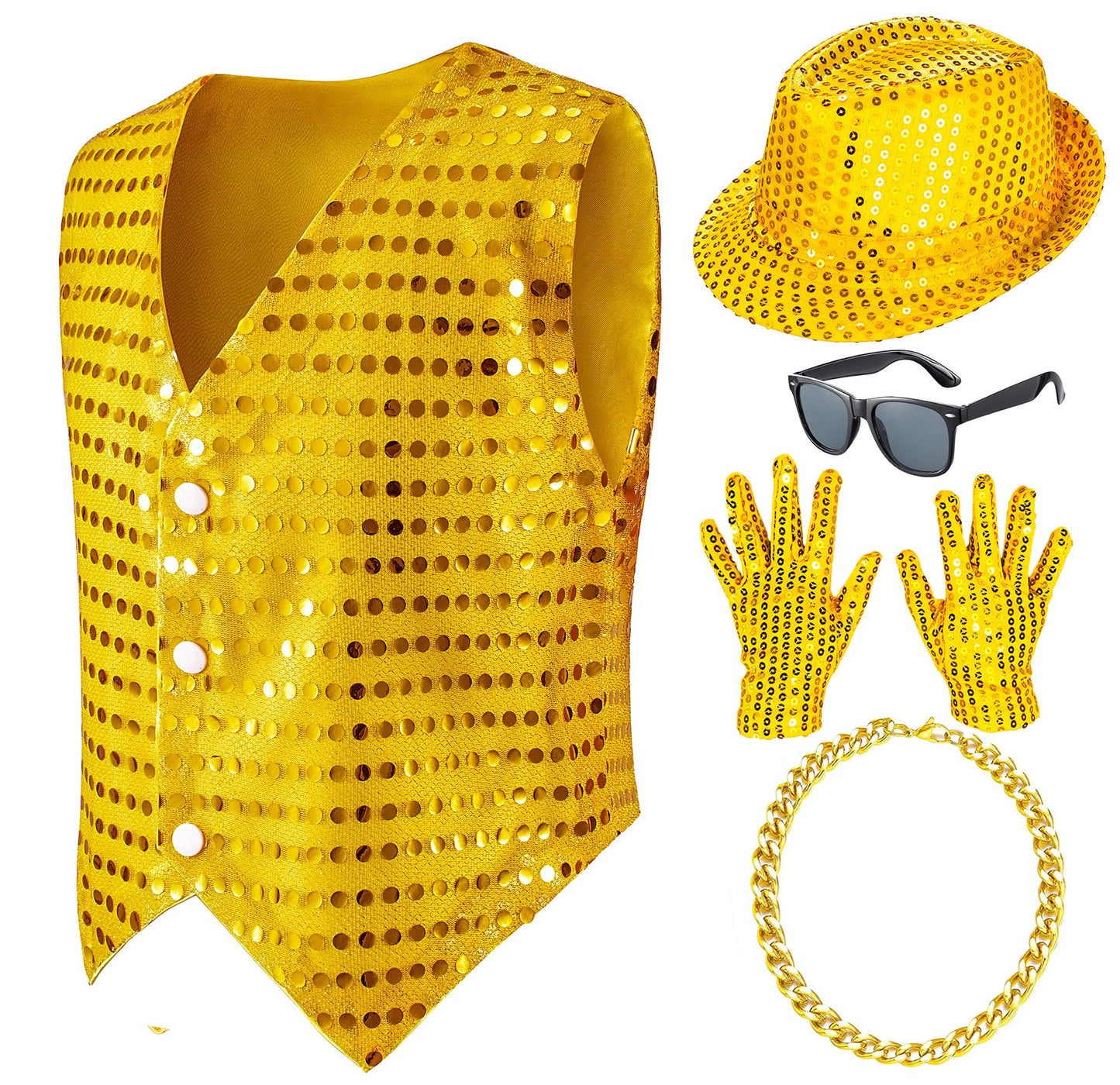 Kids Dance Hip Hop Jazz Costume Boys Sequin Vest Hat Sunglasses Set for Dance Party 8-9 Years Gold