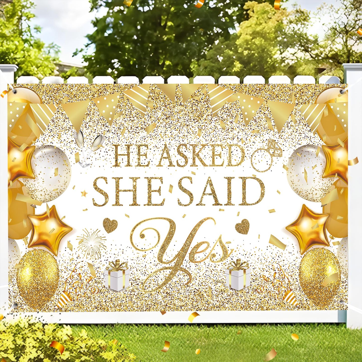 Gold Engagement Party Decorations White Gold Engagement Banner Backdrop He Asked She Said Yes Banner Decorations Wedding Banner
