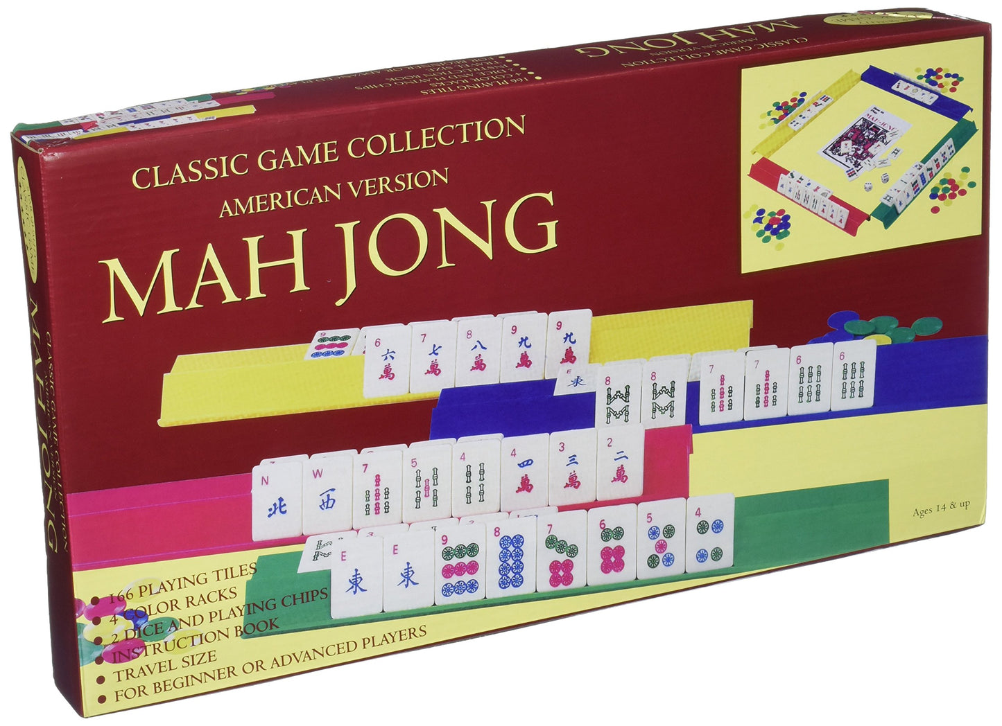 John N. Hansen Co. Travel Mah Jong - Small Wooden Game Set, Red/Blue/Yellow, Model 166