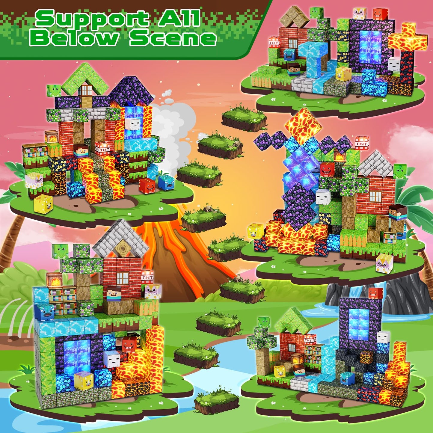 GraceDuck Magnetic Blocks Set - 150 PCS Dinosaur Volcano Forest - Light Up, 8.3"x8.3"x1.2", Multicolor, STEM Toy for Kids 3+