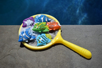 Swimline Fish Catch Game Dive Toys 6-Pack With Fishing Net Weighted Catch And Retrieval Game For Swimming Pool & Bath Tub For Kids Multi Color Rings Underwater Dive Practice Education Learn
