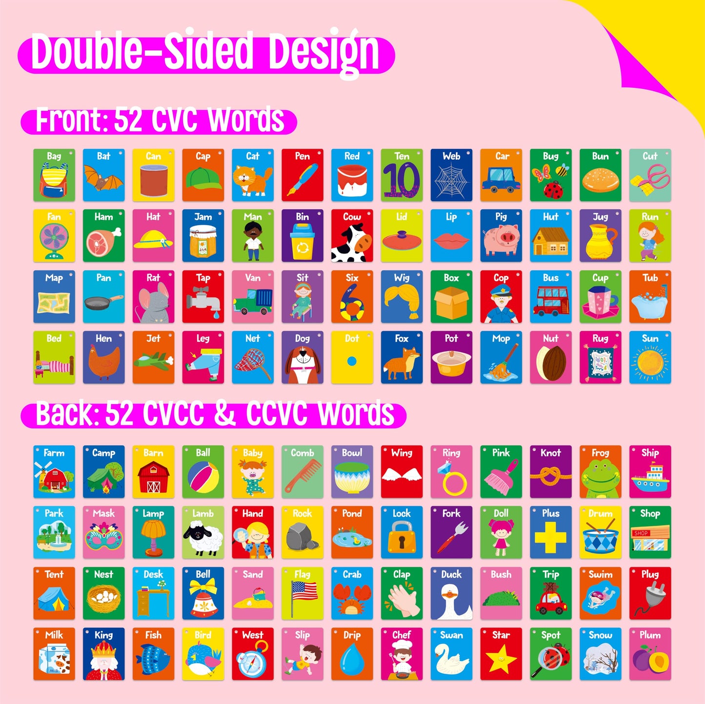 SpriteGru 52 PCS Word Flashcards - Double-Sided CVC & CVCC Cards, 4"x6" Cardstock, Educational Tool for Preschool & Kindergarten