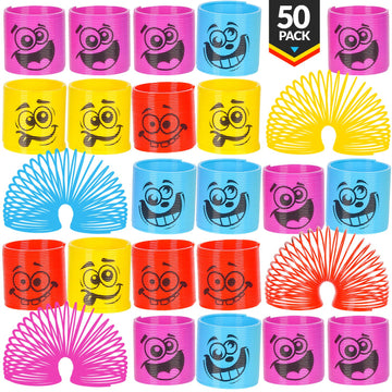 Mega Pack Of 50 Coil Springs For Kids - Assorted Silly Faces And Colors, Mini Plastic Spring Toy For Party Favors, Carnival Prizes, Gift Goodie Bag Filler, Stocking Stuffers