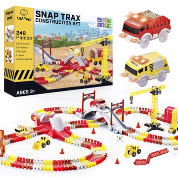 Usa Toyz Snap Trax Construction Set Race Tracks And Led Toy Cars - 251 Pk Stem Building Toys Car Race Tracks Set With Bendable Race Car Track For Boys Girls, 3 Trucks, And 2 Light Up Toy Cars For Kids