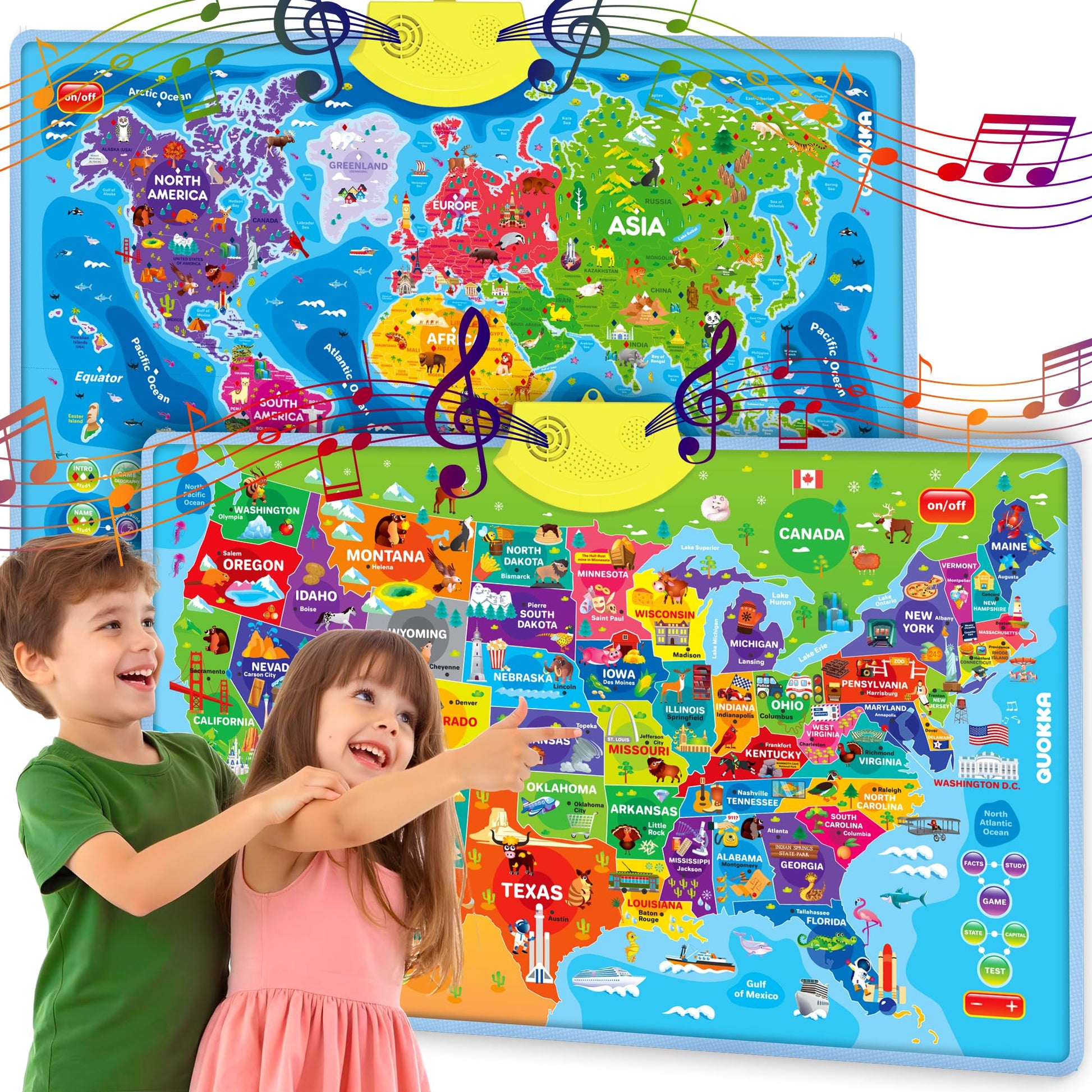 Quokka Educational Toys For Kids 5-7 Year Old - Usa World Maps Learning Wall Chart For Toddlers Age 3 4 6+ - Interactive Speech Therapy Poster Boy Girl - Autism Game 8-10-12