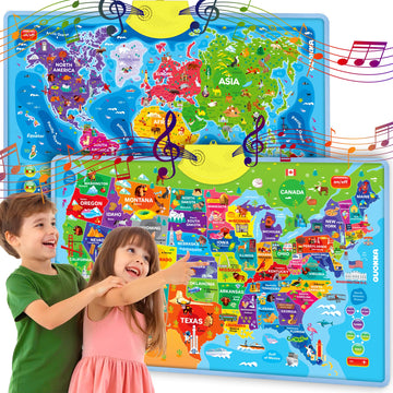 Quokka Educational Toys For Kids 5-7 Year Old - Usa World Maps Learning Wall Chart For Toddlers Age 3 4 6+ - Interactive Speech Therapy Poster Boy Girl - Autism Game 8-10-12