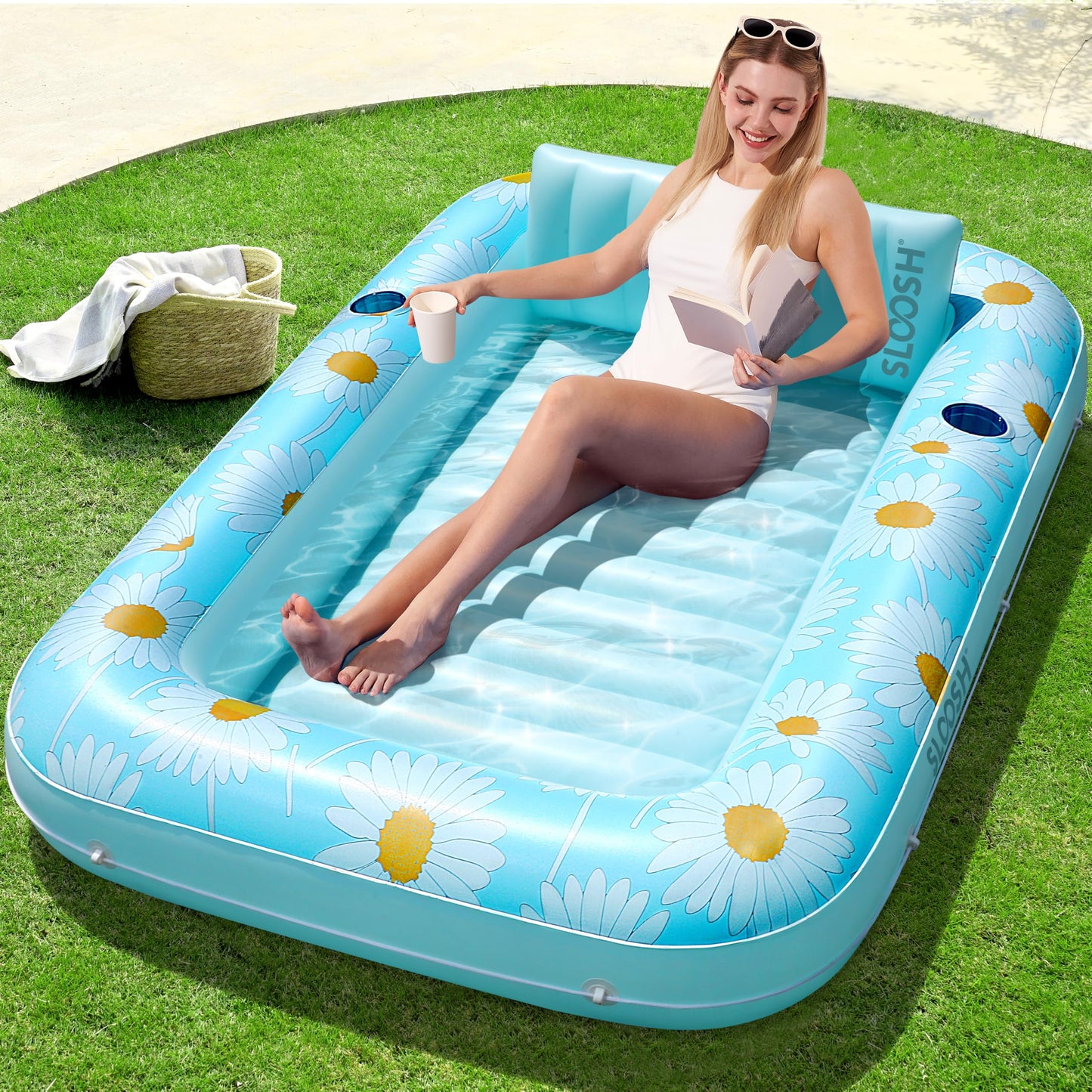 SLOOSH Inflatable Tanning Pool Lounger Float  70 x 46 Pool Floats mature-themed with Pillow  4 in 1 Suntan Tub Raft Floatie Sunbathing Bed Lounge for Water Blow Up Ball Pit Party Gifts  Blue Daisy