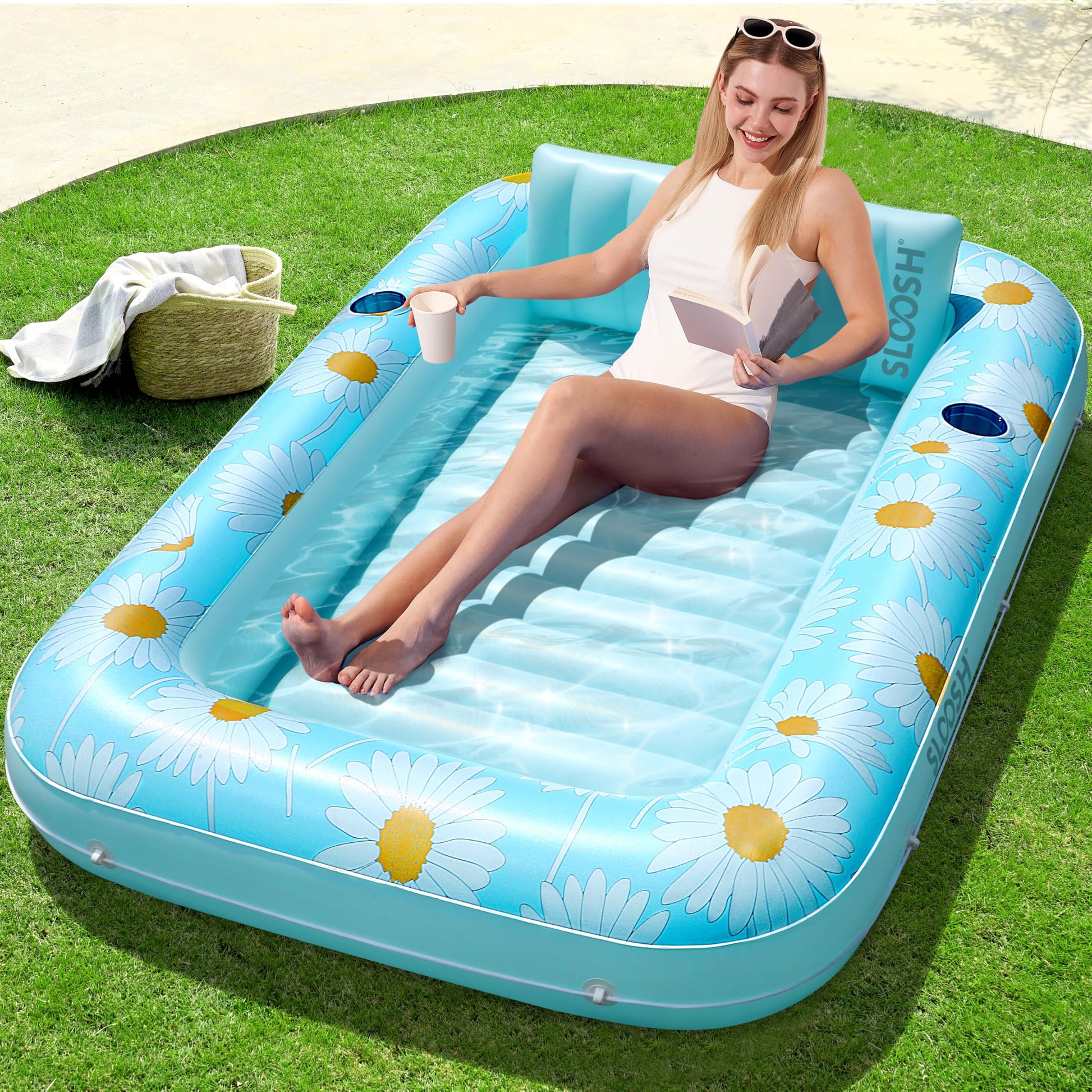 SLOOSH Inflatable Tanning Pool Lounger Float  70 x 46 Pool Floats mature-themed with Pillow  4 in 1 Suntan Tub Raft Floatie Sunbathing Bed Lounge for Water Blow Up Ball Pit Party Gifts  Blue Daisy