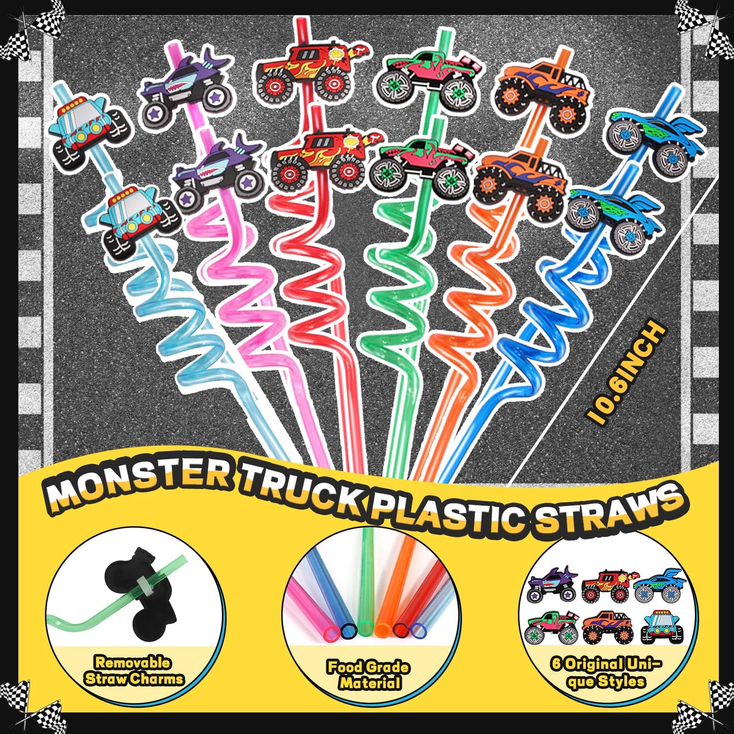 Monster Truck Party Favors Serve 12 Including Drinking Straws, Mini Pull Cars, Keychains, Gift Bags, Diy Stickers, Temporary Tat