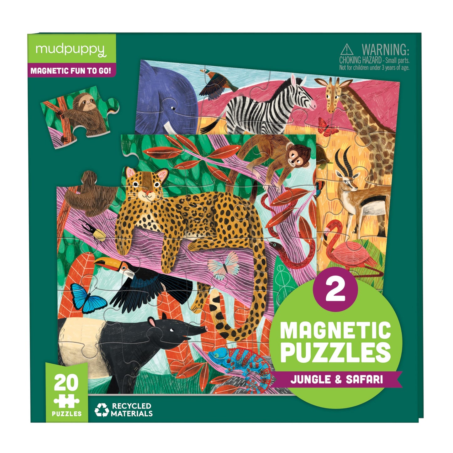 Mudpuppy Jungle & Safari - Tri Fold Magnetic Puzzles Featuring Two 20 Piece Jungle And Safari Themed Artwork