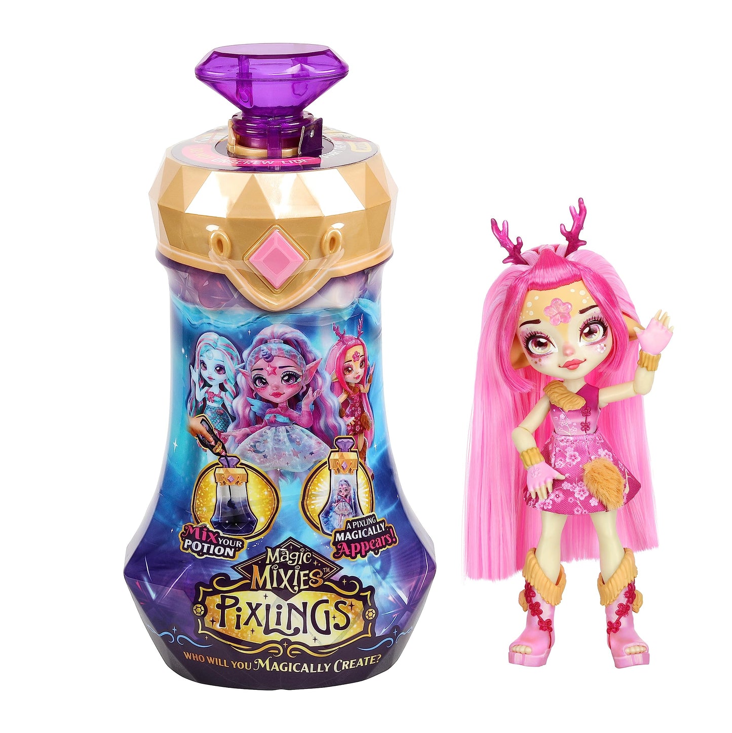 Magic Mixies Pixlings Deerlee - 6.5" Multicolor Doll with Magic Potion Reveal, Model 14881, Durable Materials
