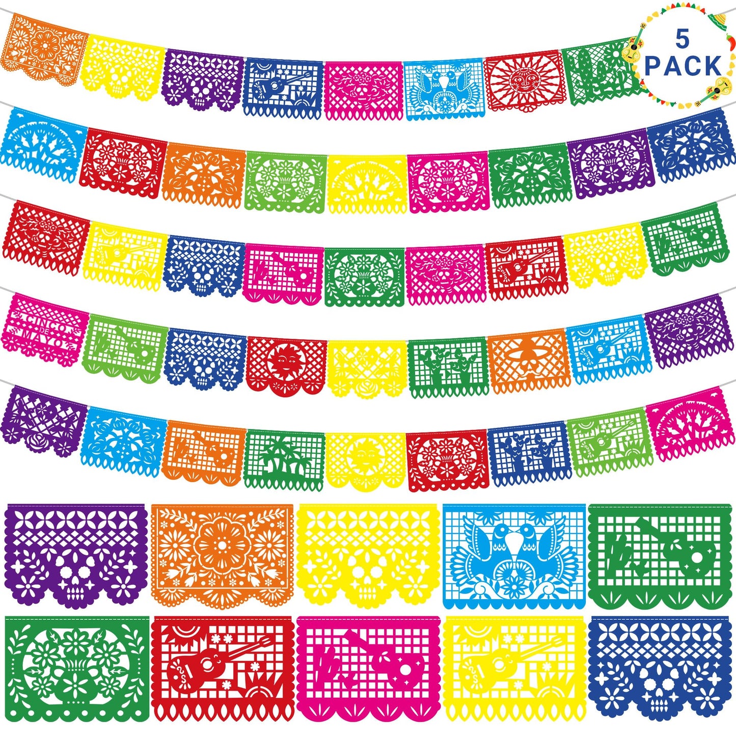 Heartome 90 FT Colorful Fiesta Party Decorations - 5 Pack Large Plastic Papel Picado Banner for Cinco De Mayo & Dia De Los Muertos Decor