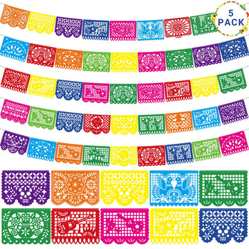 Heartome 90 FT Colorful Fiesta Party Decorations - 5 Pack Large Plastic Papel Picado Banner for Cinco De Mayo & Dia De Los Muertos Decor