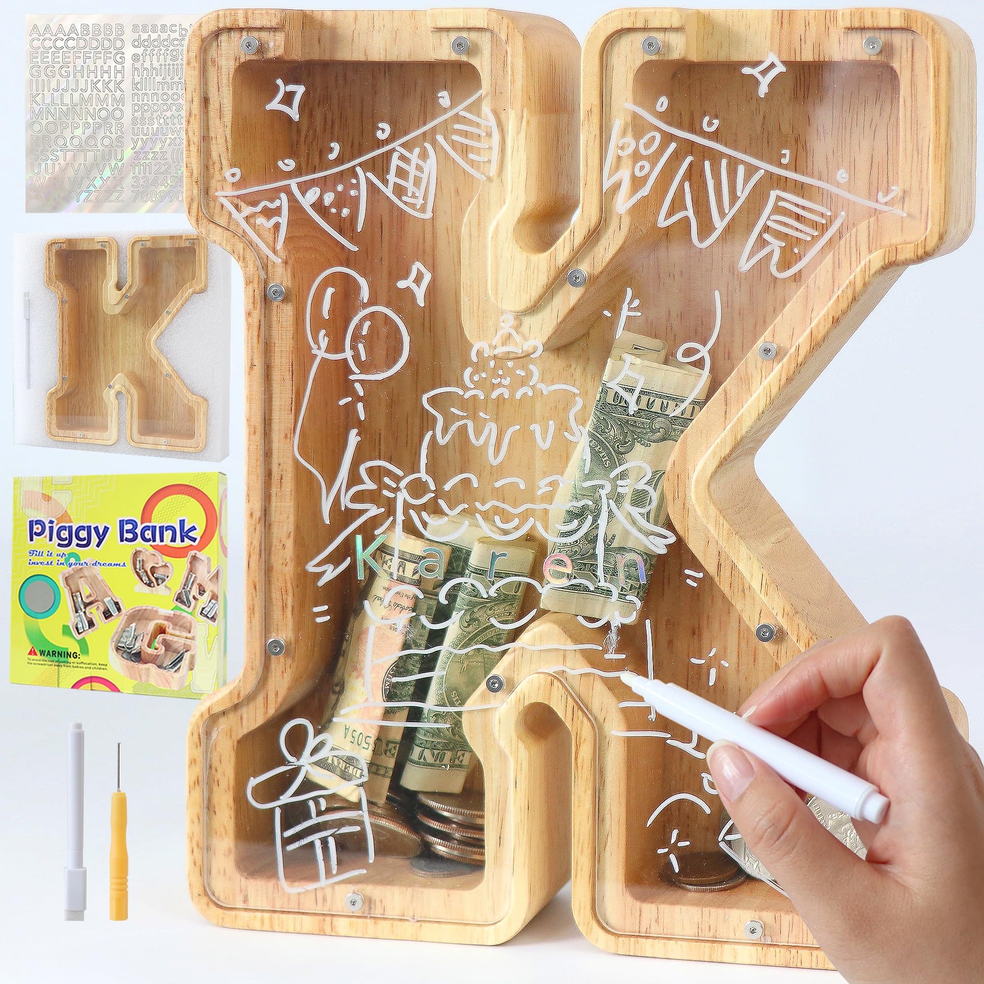 weallbuy Large Letter Piggy Bank for Kids Boys Girls Wooden Personalized Piggy Banks A-Z with Target Area Clear Alphabet Banknote Coin Banks for Gift Decoration Baptism (K)