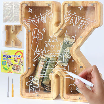 weallbuy Large Letter Piggy Bank for Kids Boys Girls Wooden Personalized Piggy Banks A-Z with Target Area Clear Alphabet Banknote Coin Banks for Gift Decoration Baptism (K)