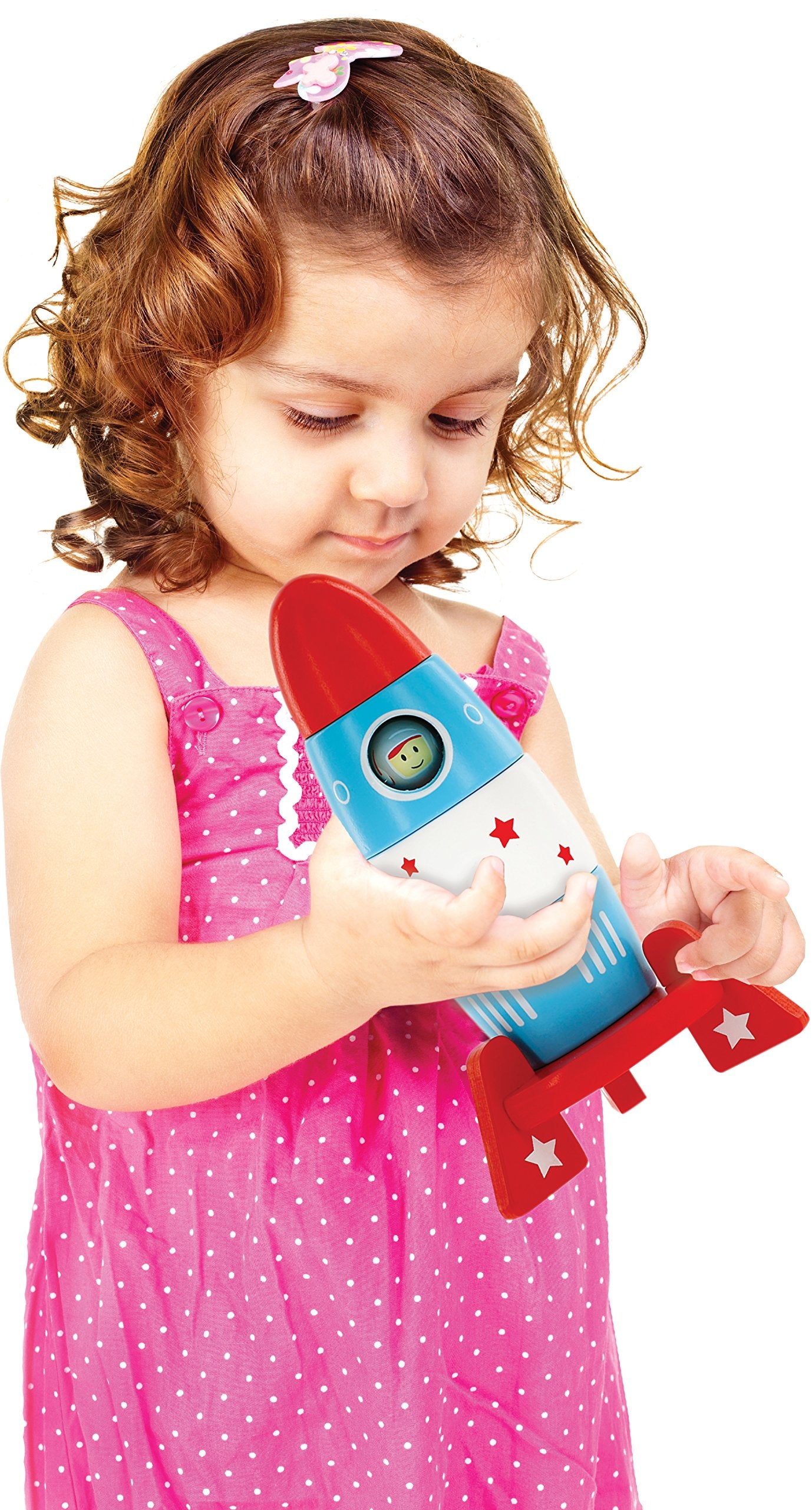 Wooden Stacker Toy Space Rocket - 6 Magnetic Stacking Pieces - Magnet Building Set with Surprise Astronaut Inside, Fun Hands On